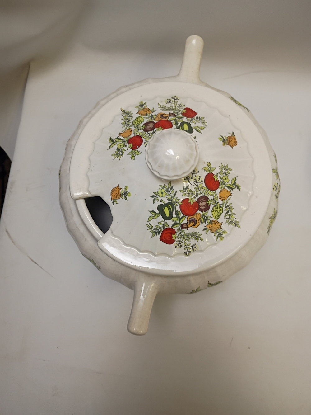 White Ceramic Covered Casserole with Fruit Pattern